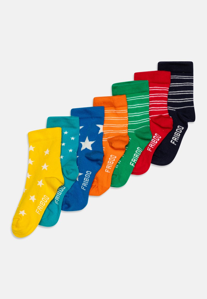 Set di sette paia di calzini di cotone in colori vivaci: giallo (motivo a stelle), turchese, blu (motivo a stelle), arancione, verde (a righe), rosso (a righe), blu scuro (a righe).
