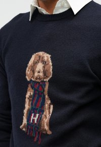 Mornarski vuneni pulover s pletenim dizajnom psa koji nosi šareni šal. Tekstura je mekana, s rebrastim ovratnikom i manžetama.