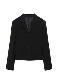 Blazer noir sur mesure avec revers crantés, quatre boutons sur le devant, manches longues et ourlet légèrement court, présenté à plat sur fond blanc.