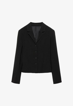 Musta räätälöity bleiseri murtokauluksella, neljä edessä olevaa nappia, pitkät hihat ja hieman lyhyt helma, esitettynä tasaisena valkoisella taustalla.