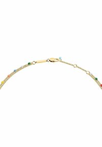 Guldtonad kedja med färgglada emaljkulor i pastellfärger, med en säker klicklås och en delikat länkdesign.