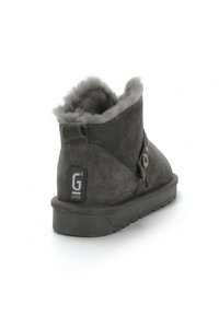 Botas de tobillo de ante gris con forro de piel sintética, punta redonda, suela plana de goma y detalle de botón lateral. Marca visible en el talón.