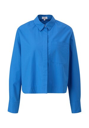 Gekürzte blaue Bluse aus glattem Stoff, mit einem Button-Down-Kragen, langen Ärmeln und einer einzelnen Brusttasche.