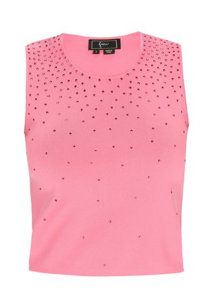Top roz fără mâneci, cu o textură cordată, decorat cu strasuri strălucitoare dispuse aleatoriu pe față și cu un guler rotund.