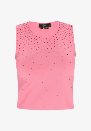 Pink sleeveless top with a ribbed texture, embellished with scattered, shiny rhinestones across the front and a round neck.