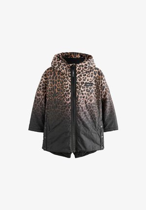 Børnejakke med hætte med brun og sort leopardprint, der toner ud i solid sort, foran lynlås og sidesnapknapper.