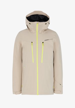 Lichtbeige waterdichte jas met een zwarte voering, gele ritssluitingen, twee borstzakken en geperforeerde details op de kap.