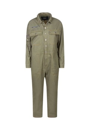Khaki utility jumpsuit med lange ærmer, to brystlommer og knaplukning foran. Har broderede detaljer og en lige ben-design.