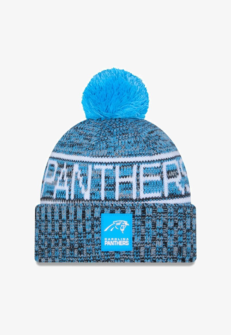 Strickmütze in Blau, Schwarz und Weiß. Sie hat einen großen blauen Pompon an der Spitze und den Schriftzug "PANTHERS" entlang des Randes mit einem Logo-Patch.