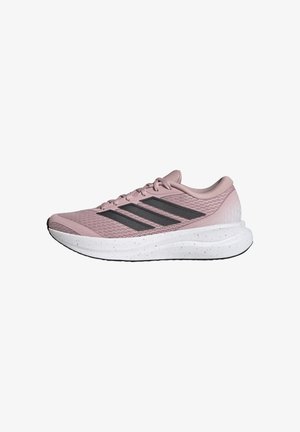 Scarpa da corsa rosa chiaro con tre strisce nere e suola spessa bianca screziata, vista laterale.