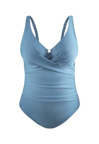 Jasnoniebieski jednoczęściowy strój kąpielowy z dekoltem w kształcie litery V, krzyżującym się przodem, regulowanymi ramiączkami i marszczonym wykończeniem. Gładki materiał.