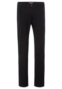 Black trousers made from stretchy fabric. Features a zip fly, button closure, belt loops, and four pockets. Straight-leg design.