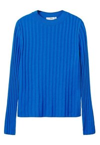 Blauer gerippter Strickpullover mit langen Ärmeln, rundem Ausschnitt und strukturiertem Material. Er bietet eine taillierte Silhouette und dezente vertikale Streifen.