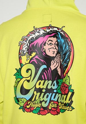 Bright yellow hoodie featuring a large, colorful graphic design with a figure, floral accents, and the text "Vans Original Hope for Waves."