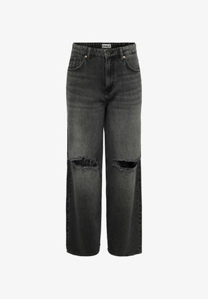 Jean noir taille haute à jambes larges avec genoux déchirés et usés, design à cinq poches, fermeture par bouton et fermeture éclair, étiquette de marque à l'intérieur de la taille.