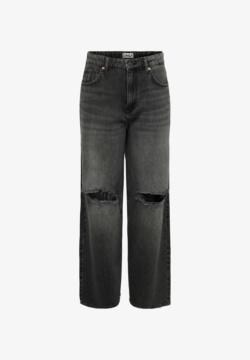 Jean noir taille haute à jambes larges avec genoux déchirés et usés, design à cinq poches, fermeture par bouton et fermeture éclair, étiquette de marque à l'intérieur de la taille.