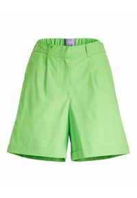 Pantaloni corti verdi con una vita elastica, realizzati in tessuto leggero. Presentano una texture liscia e un design con orlo risvolto.