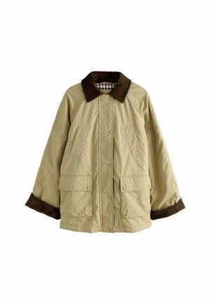 Beige gewatteerde jas met een donkerbruine ribbelkraag en -manchetten, met drukknoopsluiting aan de voorkant en vier zakken op de voorkant.