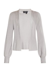 Lichtgrijze cardigan met geribbelde textuur, open voorkant en lange, iets opgezette mouwen. De stof ziet er zacht en comfortabel uit, geschikt voor het dragen in lagen.