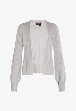 Hellgrauer Cardigan mit gerippter Textur, offenem Vorderteil und langen, leicht puffigen Ärmeln. Der Stoff wirkt weich und gemütlich, ideal zum Layering.