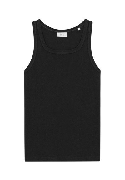 Schwarzes ärmelloses Tanktop aus weichem Stoff. Verfügt über einen runden Ausschnitt und saubere Kanten, mit einem schlichten Design und ohne sichtbare Logos.