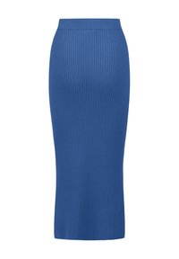 Jupe midi en tricot côtelé bleu uni avec une silhouette ajustée, dotée d'une large ceinture élastique et d'une finition à texture lisse.
