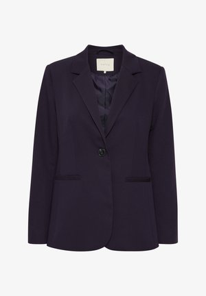 Blazer bleu marine en tissu tissé, avec une fermeture à un bouton, des revers crantés et deux poches avant. Doublure intérieure lisse.