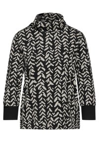 Černý a krémový top se vzorem, který má krk s cowl, dlouhé rukávy a texturovanou, měkkou tkaninu s designem připomínajícím listy.