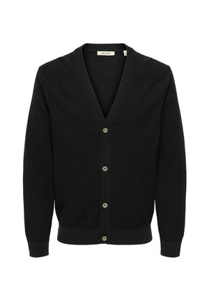 Crni kardigan dugih rukava s gumbima, V-izrezom te rebrastim manšetama i rubom, prikazan na bijeloj pozadini.