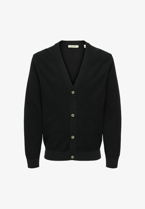 Cárdigan negro de manga larga con botones, escote en V y puños y dobladillo acanalados, exhibido sobre un fondo blanco.