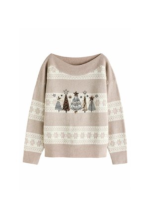 Pull en maille beige avec des motifs de flocons de neige blancs et un dessin central composé de cinq sapins de Noël stylisés surmontés d'étoiles et de sequins.