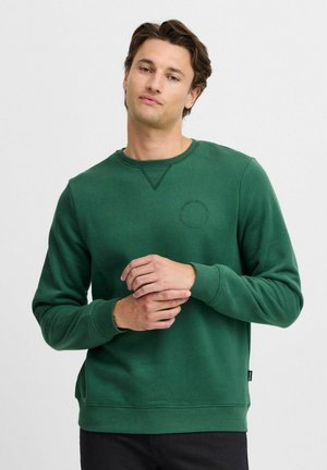 Green sweatshirt with a crew neck, ribbed cuffs and hem, subtle circular logo detail on the chest, made from a soft, textured material.