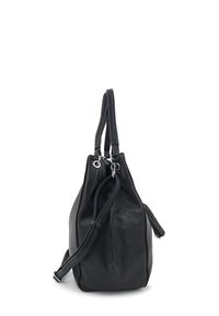 Zwarte lederen handtas met een gestructureerde afwerking, voorzien van twee korte handvatten, een lange verstelbare schouderband en een subtiele ritsdetail.