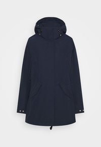 Parka azul marino con capucha, cierre frontal de cremallera, dos bolsillos laterales y dobladillo ajustable. Fabricada en un tejido suave y duradero.