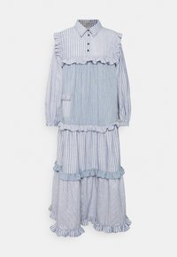 Blå och vit randig långärmad midiklänning med volangdetaljer, knäppt krage och ficka på framsidan till vänster.