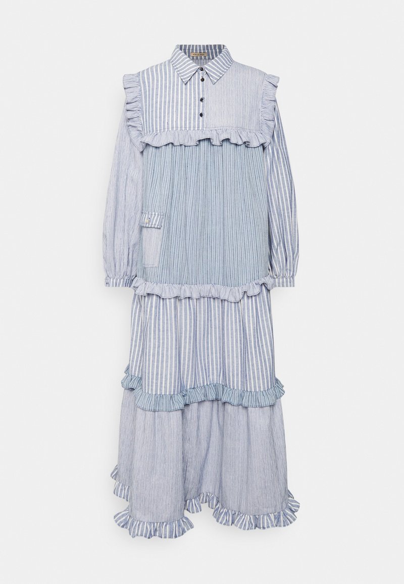 Blue and white striped long-sleeve midi dress with ruffle details, buttoned collar, and patch pocket on the front left side.