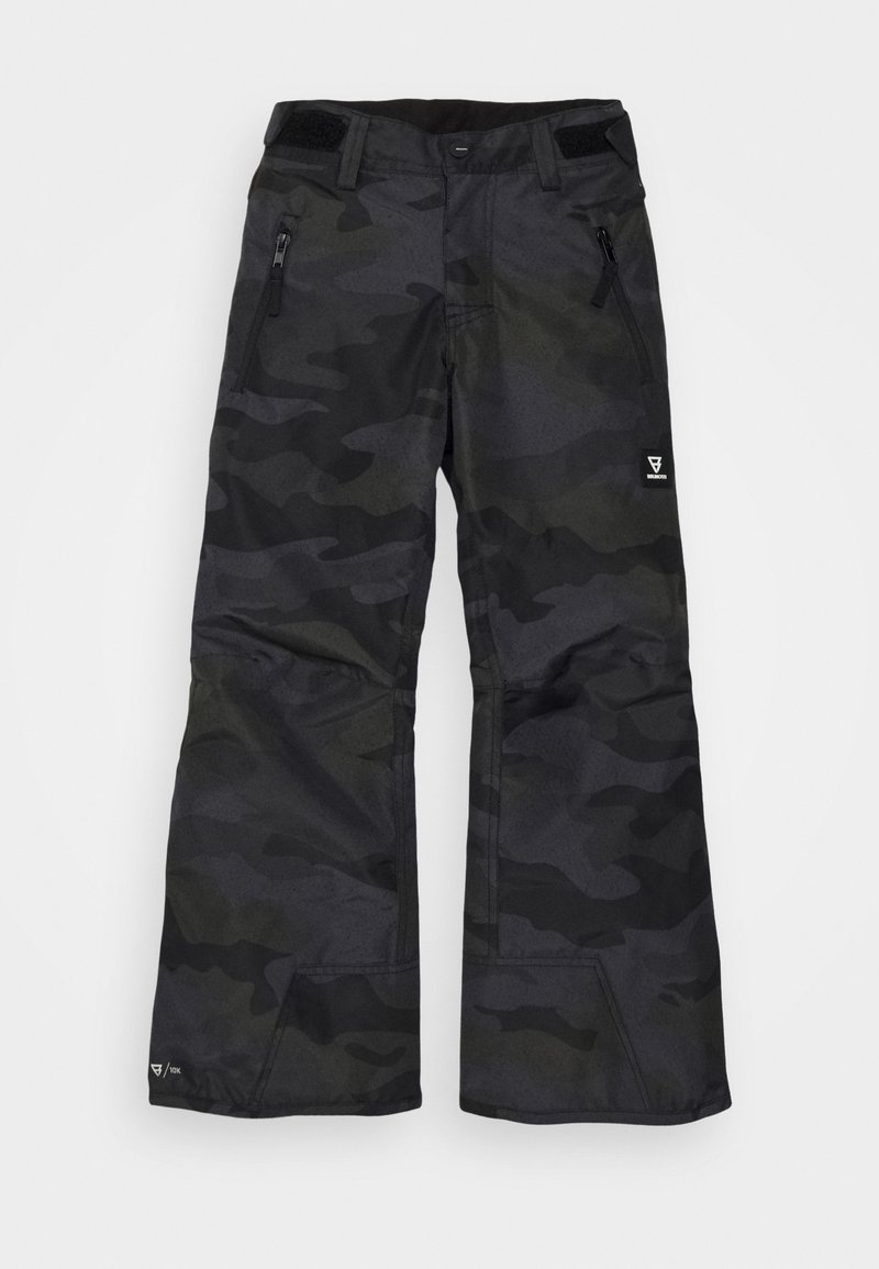 Pantalon de neige camouflage noir et gris foncé avec poches avant zippées, taille ajustable et renforts aux genoux.