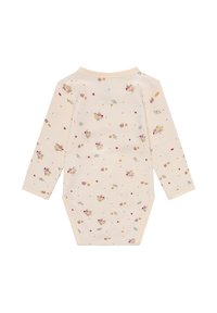 Cremfarbener langärmeliger Baby-Body mit kleinen rosa, gelben und roten Blumenmustern, die über den Stoff verteilt sind.