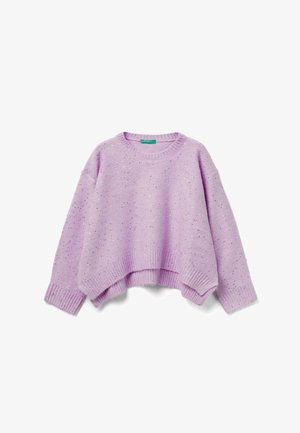 Maglione lilla con una vestibilità rilassata, orlo e polsini a costine, e un design tessurizzato con sottili luccichii.