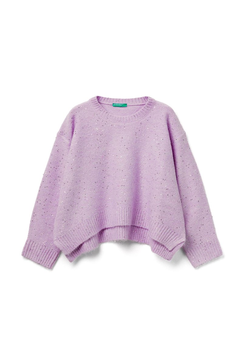 Maglione lilla con una vestibilità rilassata, orlo e polsini a costine, e un design tessurizzato con sottili luccichii.