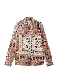Camicia a maniche lunghe in vari motivi floreali. Presenta una base beige con accenti rosa, neri e bianchi. Con colletto e chiusura frontale a bottoni.