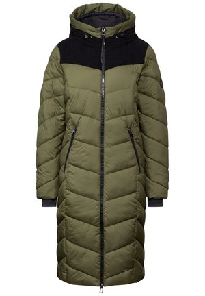 Zielona oliwkowa kurtka puchowa z czarną górną częścią, zapinana na zamek z przodu oraz dwoma bocznymi kieszeniami na zamek. Posiada kaptur i ściągacze przy mankietach.