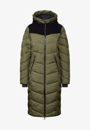 Cappotto imbottito verde oliva con pannello superiore nero, chiusura con zip e due tasche laterali con zip. Presenta un cappuccio e polsini a coste.