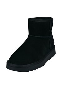 Schwarze Wildleder-Ankle Boots mit runder Spitze, kurzem Schaft und strukturiertem Profil. Verfügt über eine genähte Naht und ein dezentes Markenzeichen an der Seite.