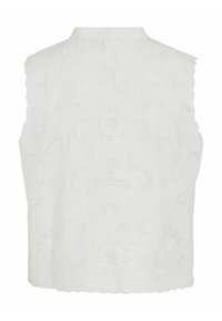 Blouse sans manches blanche avec broderies florales, détails découpés et ourlet festonné. Fabriquée en tissu léger, avec un design de col simple.