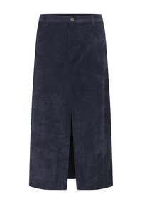Fustă midi din corduroy bleumarin cu șliț frontal și închidere prin buton. Are o textură verticală cu nervuri și buzunare laterale. Siluetă dreaptă.