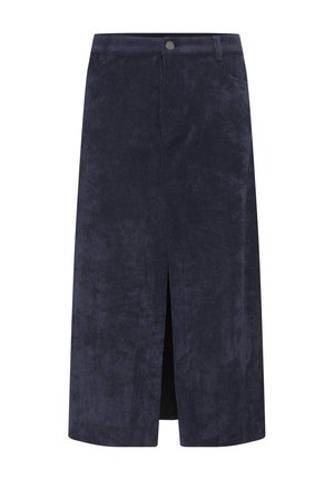 Navy corduroy midi skirt with a front slit and a button closure. Features vertical ribbed texture and side pockets. Straight silhouette.