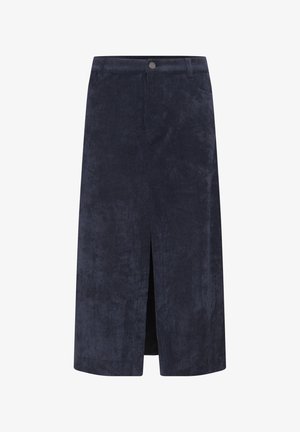 Fustă midi din corduroy bleumarin cu șliț frontal și închidere prin buton. Are o textură verticală cu nervuri și buzunare laterale. Siluetă dreaptă.