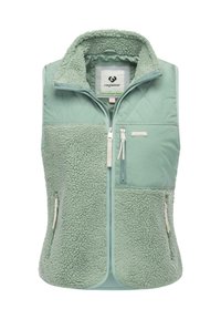 Green vest featuring a quilted upper and soft, textured fleece lower. It has a high collar and two zippered pockets for closure.