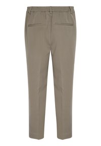Béžové kalhoty s elastickým pasem a tapered střihem, vybavené dvěma zadními kapsami a hladkým povrchem. Navrženy pro komfort a snadné nošení.